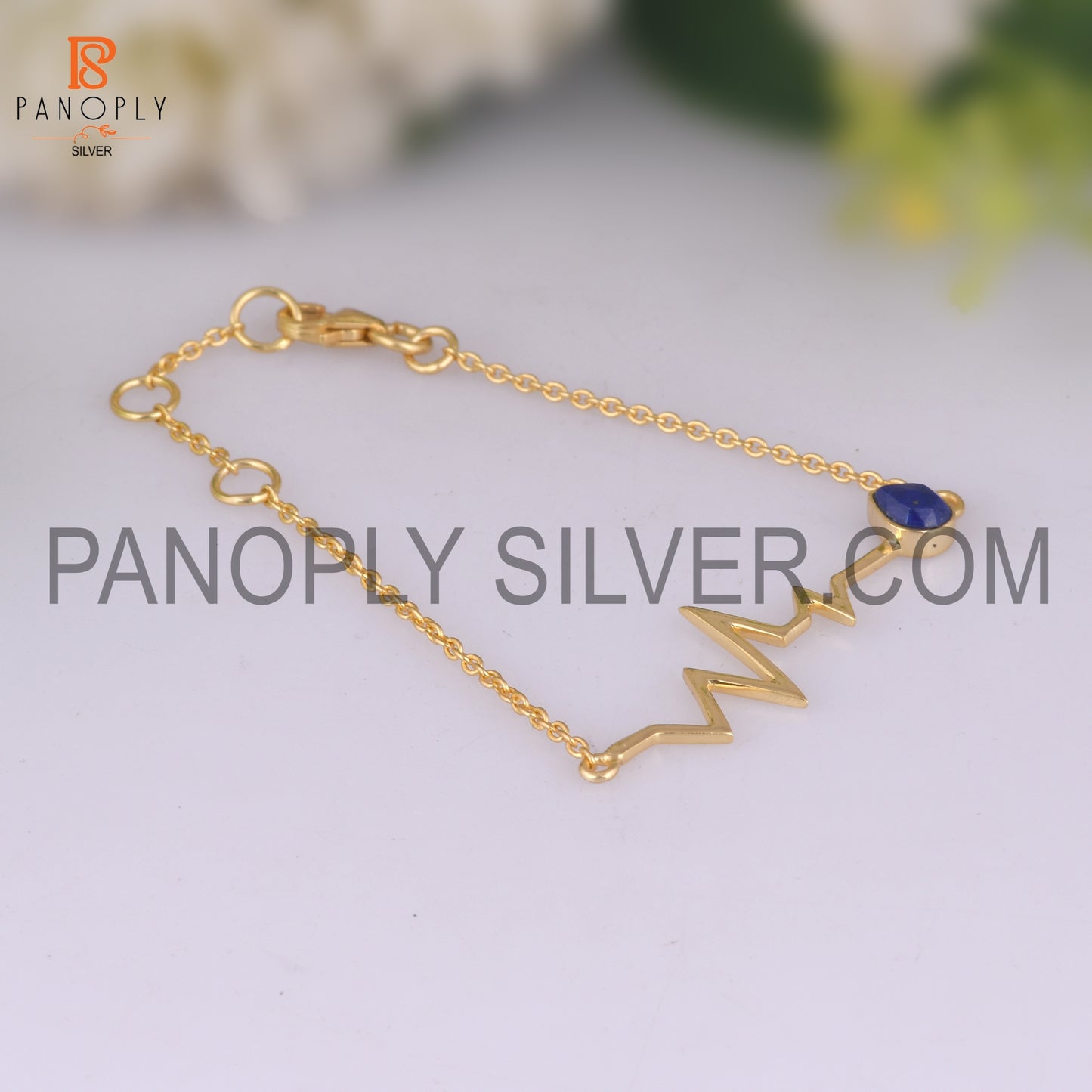 Natural Lapis Gold Plated Heartbeat Charm Bracelet
