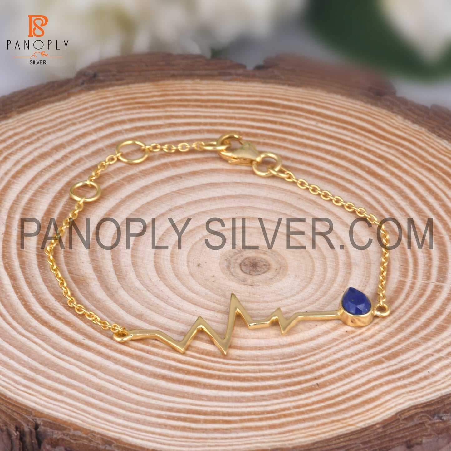 Natural Lapis Gold Plated Heartbeat Charm Bracelet