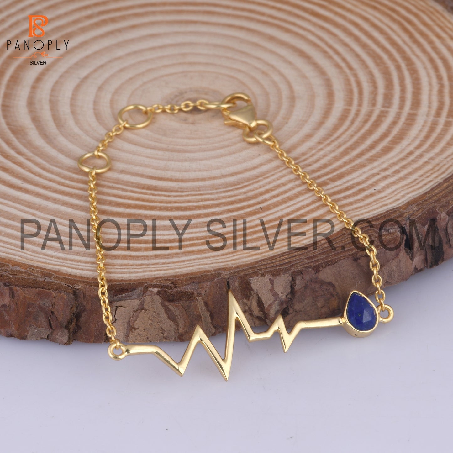 Natural Lapis Gold Plated Heartbeat Charm Bracelet