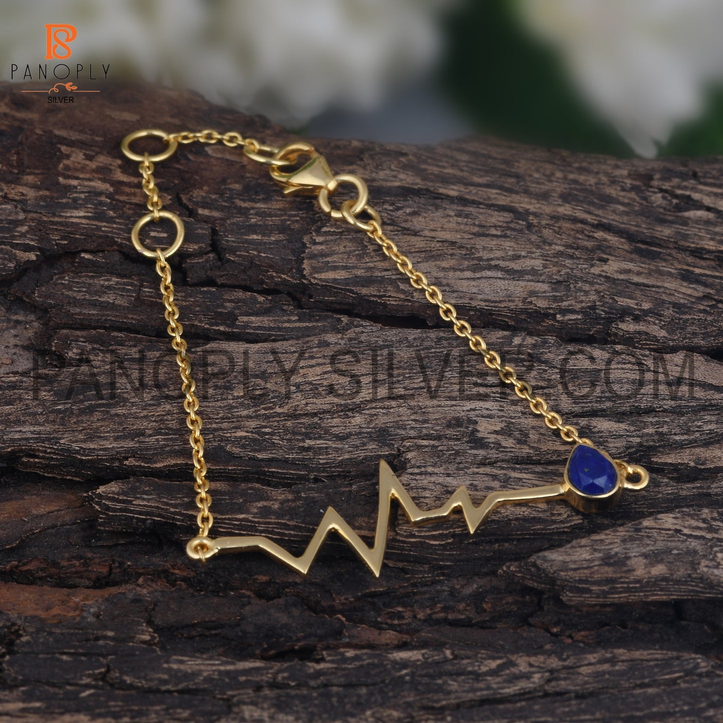 Natural Lapis Gold Plated Heartbeat Charm Bracelet