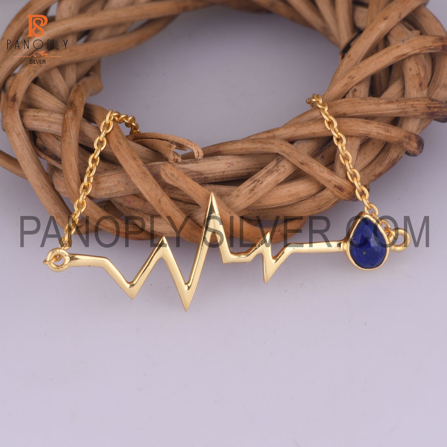 Natural Lapis Gold Plated Heartbeat Charm Bracelet