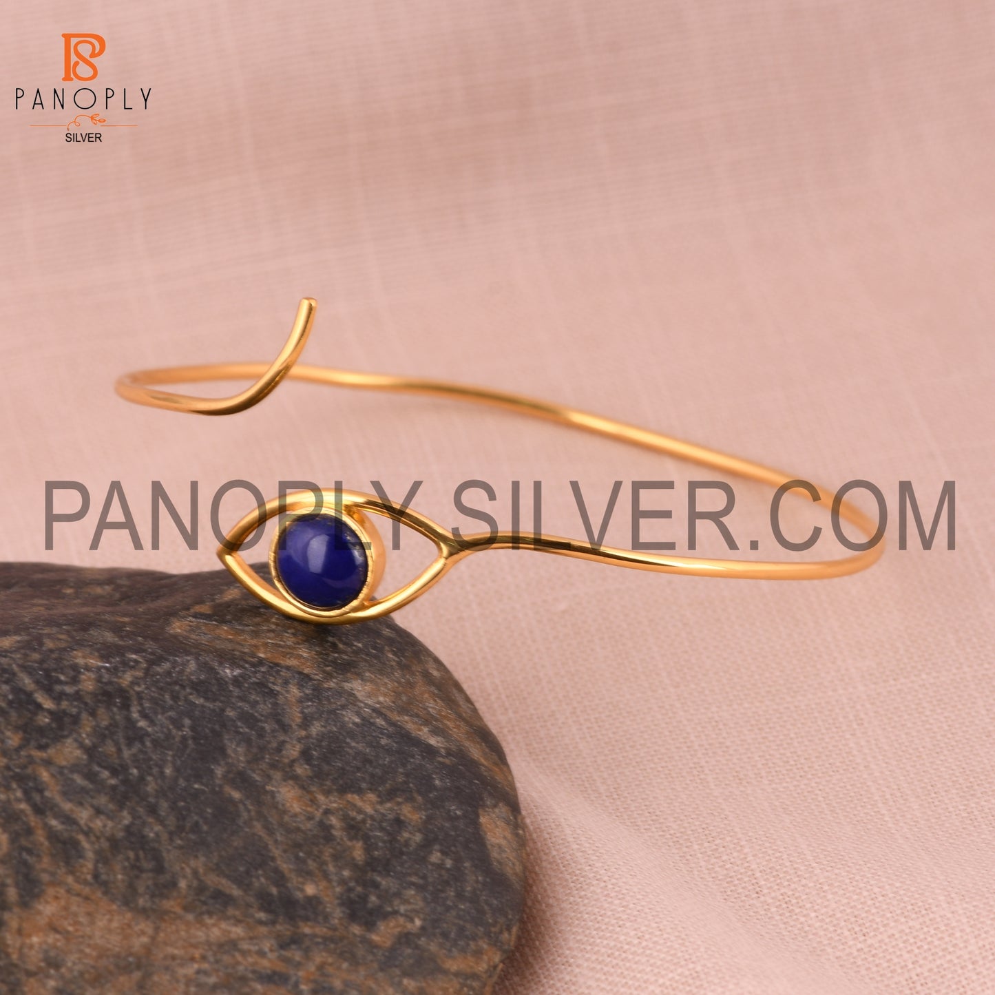 18K Gold Plated 925 Silver Lapis Gemstone Evil Eye Cuff Bangle
