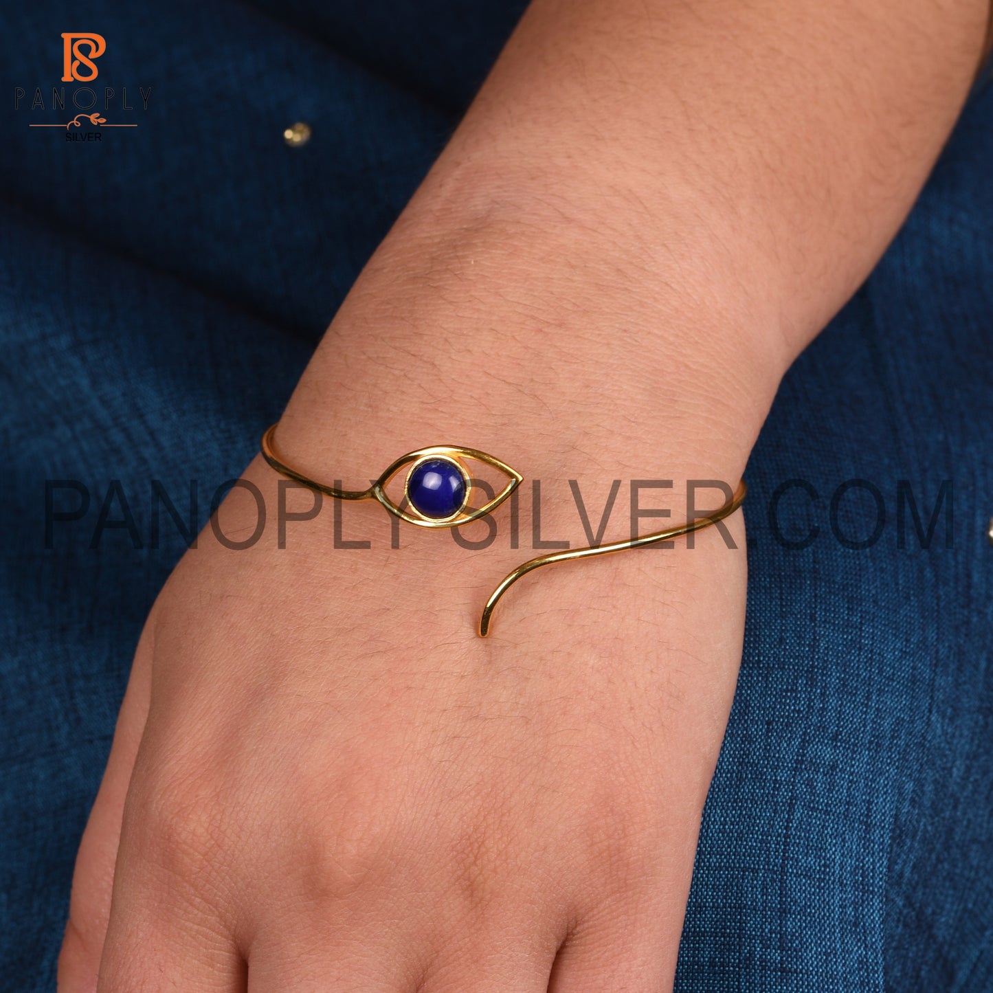 18K Gold Plated 925 Silver Lapis Gemstone Evil Eye Cuff Bangle
