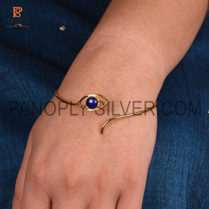 18K Gold Plated 925 Silver Lapis Gemstone Evil Eye Cuff Bangle
