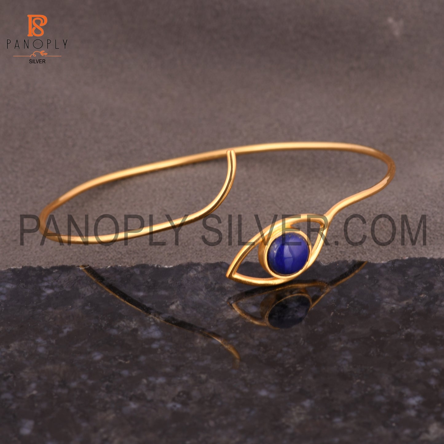 18K Gold Plated 925 Silver Lapis Gemstone Evil Eye Cuff Bangle