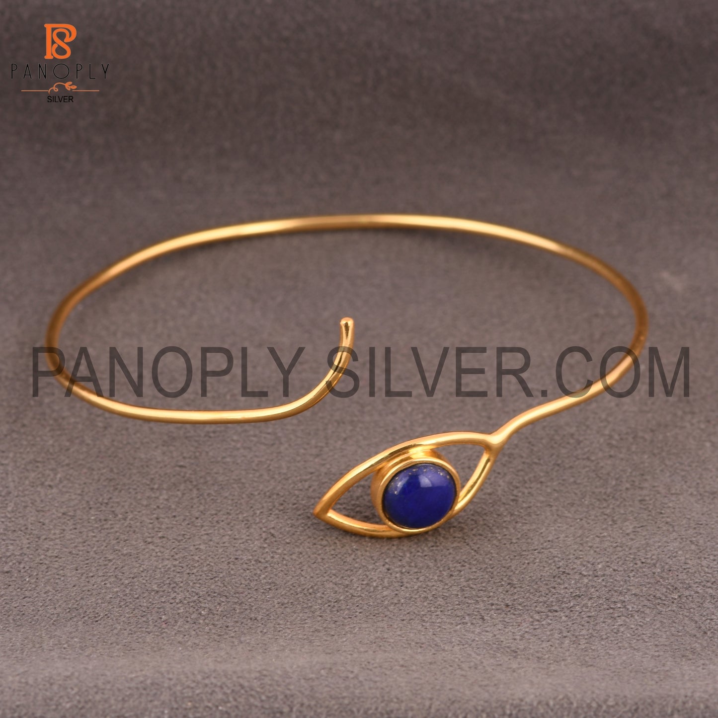 18K Gold Plated 925 Silver Lapis Gemstone Evil Eye Cuff Bangle