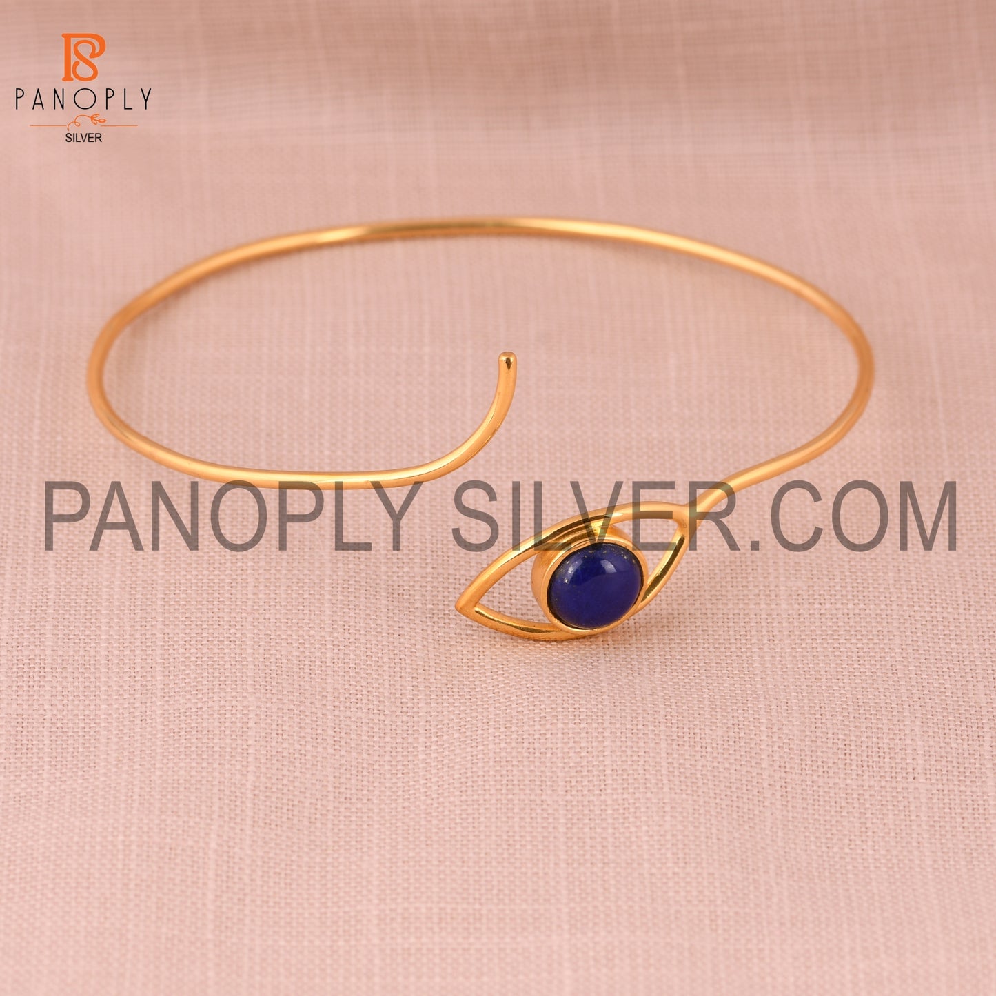 18K Gold Plated 925 Silver Lapis Gemstone Evil Eye Cuff Bangle