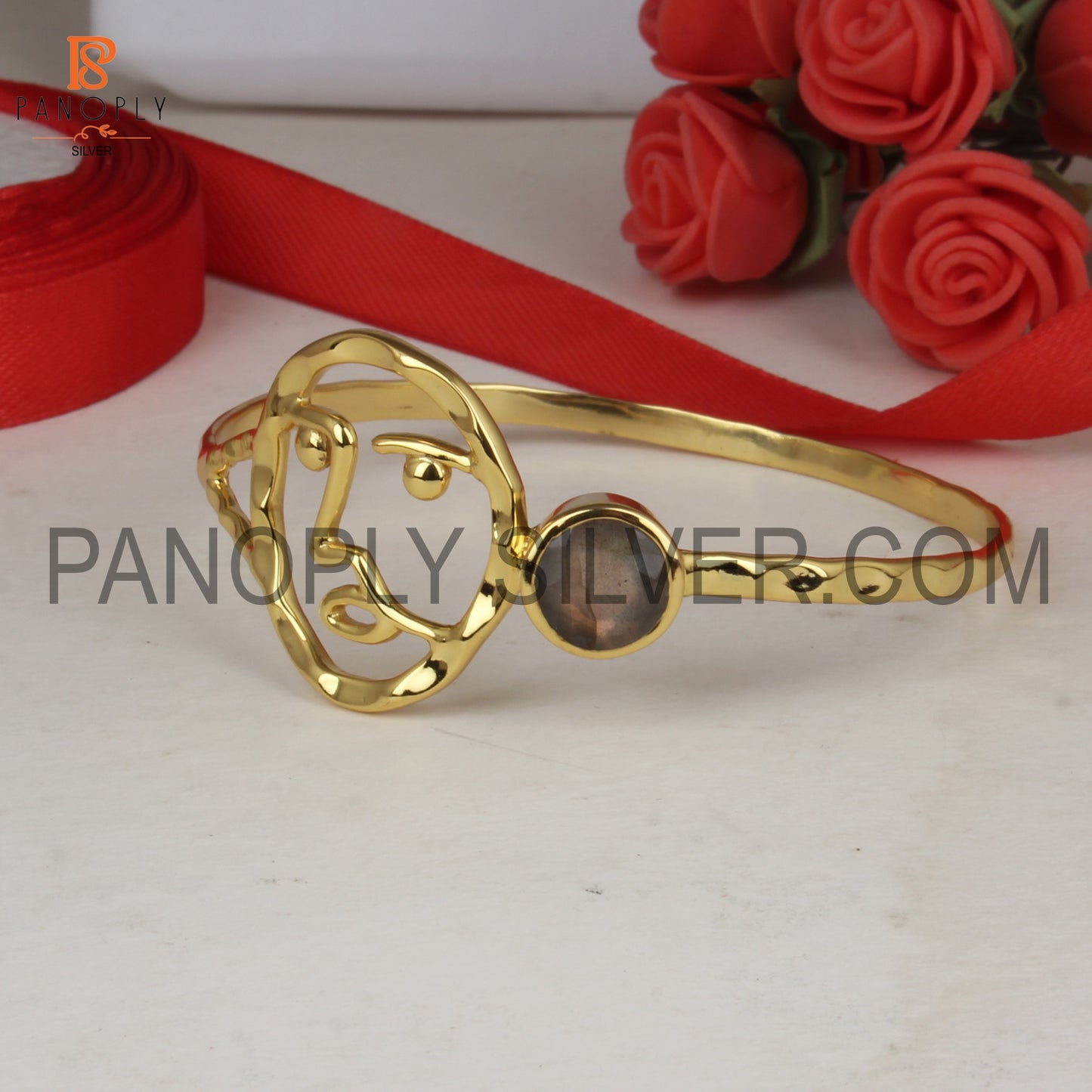 Labradorite Gold Plated Texture Band Face Cuff Bangle