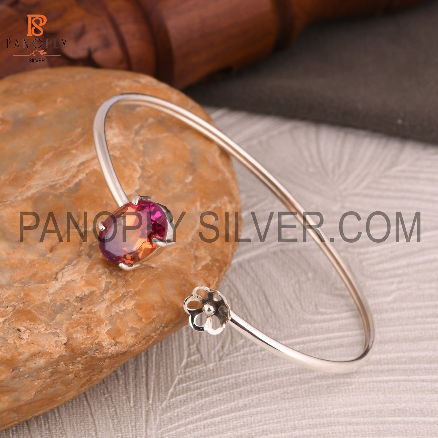 Bio Ametrine Doublet Quartz Set Oxidized 925 Silver Cuff Bangle