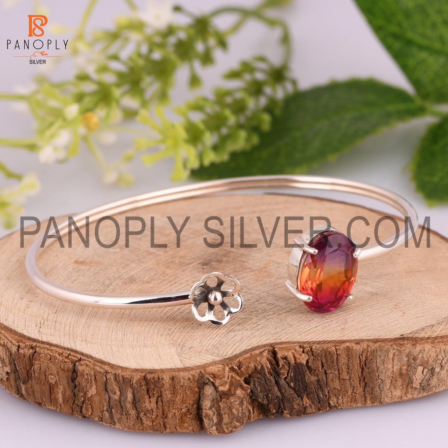 Bio Ametrine Doublet Quartz Set Oxidized 925 Silver Cuff Bangle
