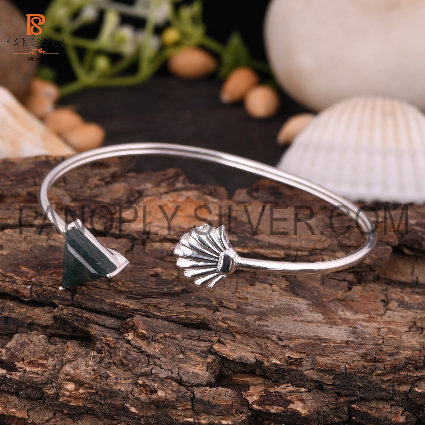 Sea & Triangle Shape Natural Moss Agate Cuff Bangle