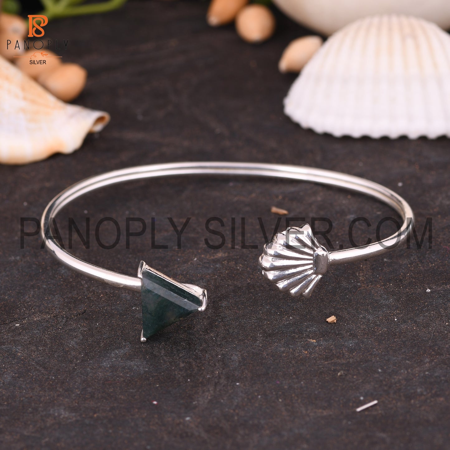 Sea & Triangle Shape Natural Moss Agate Cuff Bangle