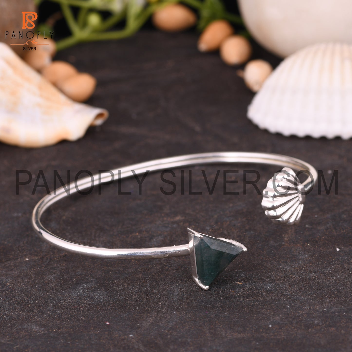 Sea & Triangle Shape Natural Moss Agate Cuff Bangle