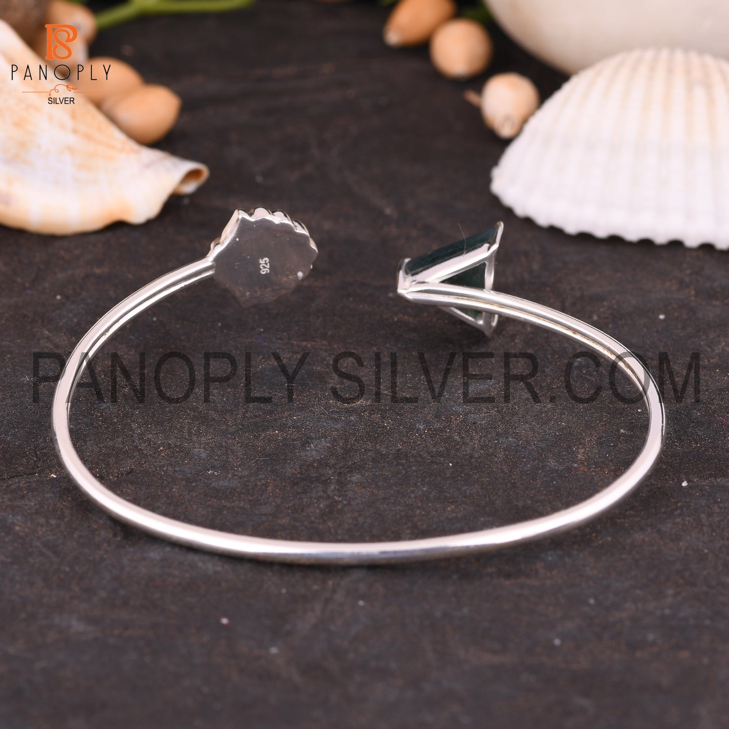 Sea & Triangle Shape Natural Moss Agate Cuff Bangle