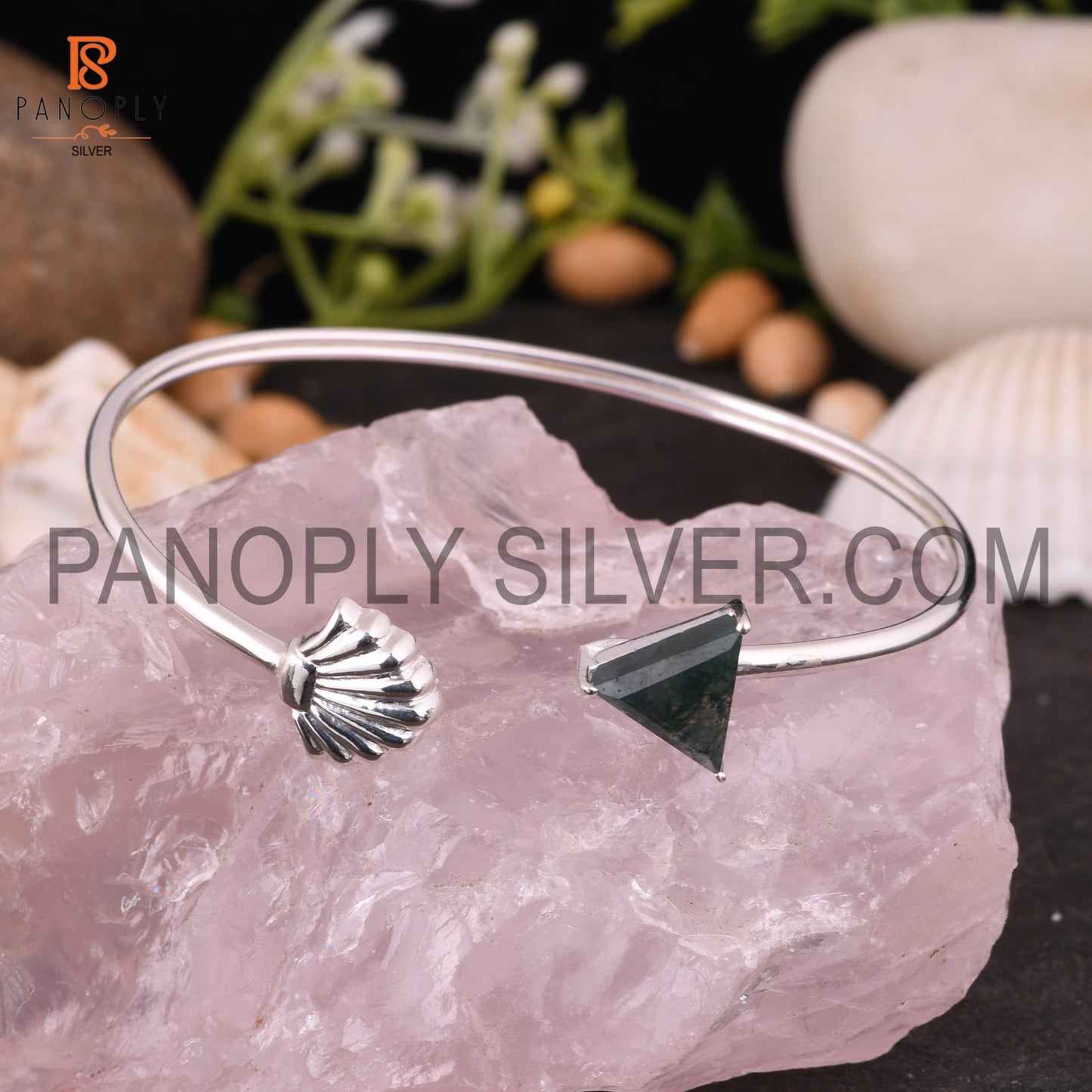 Sea & Triangle Shape Natural Moss Agate Cuff Bangle