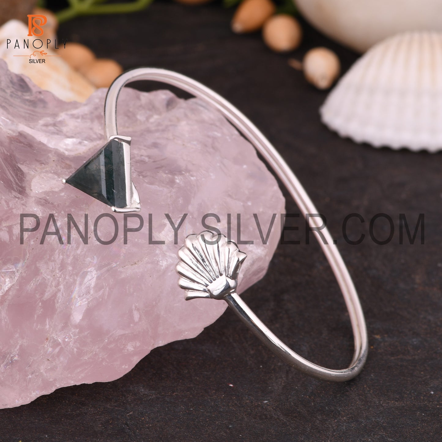 Sea & Triangle Shape Natural Moss Agate Cuff Bangle