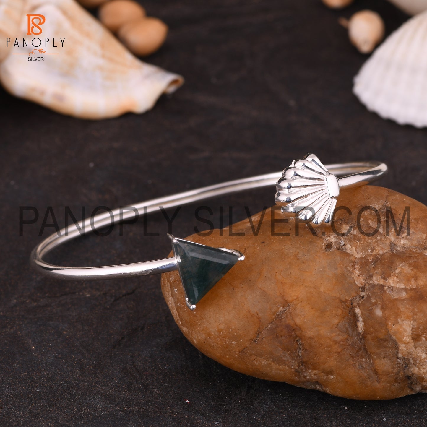 Sea & Triangle Shape Natural Moss Agate Cuff Bangle