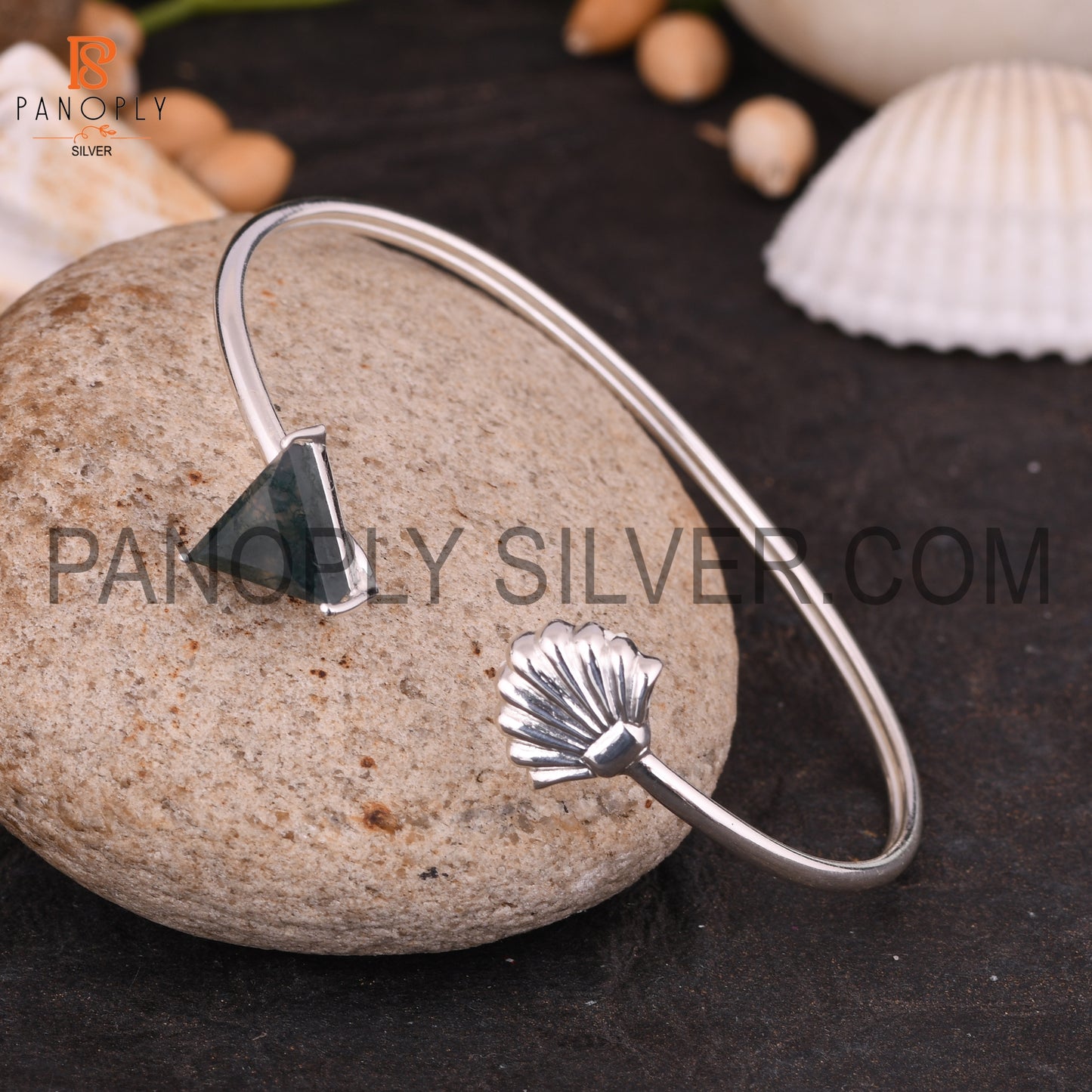 Sea & Triangle Shape Natural Moss Agate Cuff Bangle