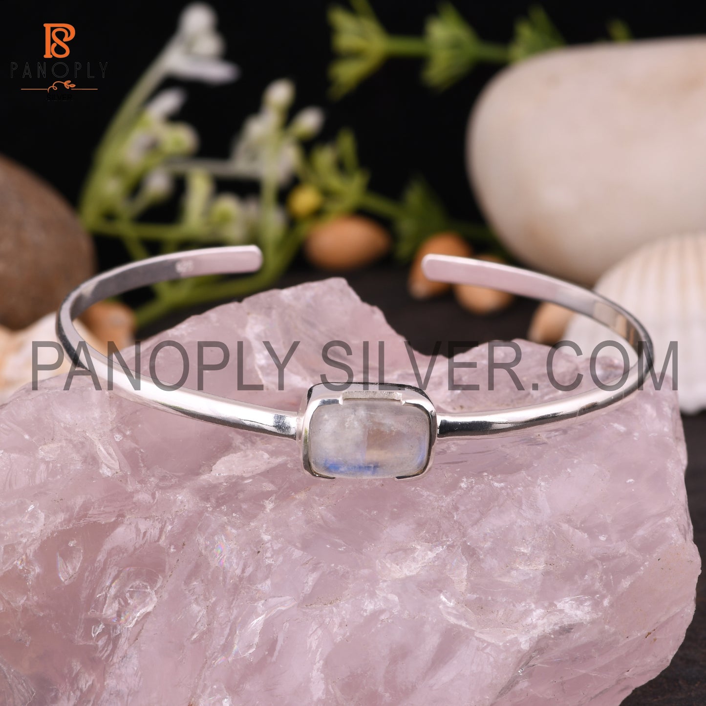 Openable Rainbow Moonstone Genuine Gem Rectangular Bangle