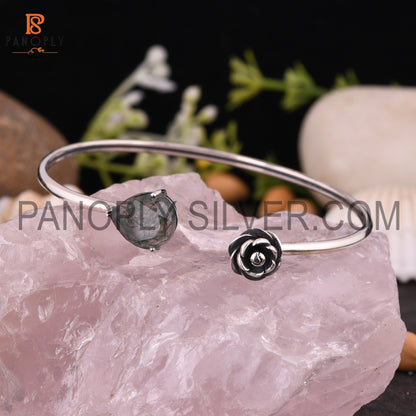 Pear & Flower Shape Natural Moss Agate Adjustable Cuff Bangle