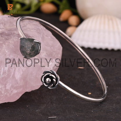 Pear & Flower Shape Natural Moss Agate Adjustable Cuff Bangle