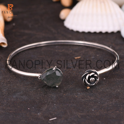 Pear & Flower Shape Natural Moss Agate Adjustable Cuff Bangle