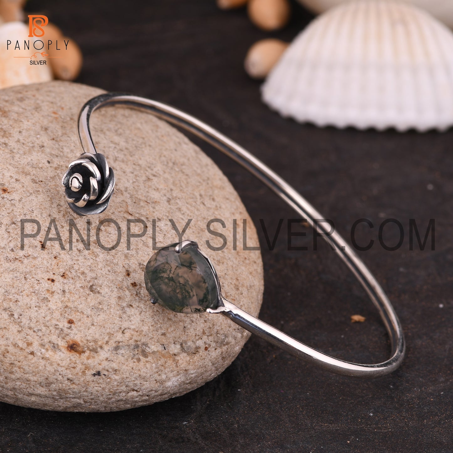 Pear & Flower Shape Natural Moss Agate Adjustable Cuff Bangle