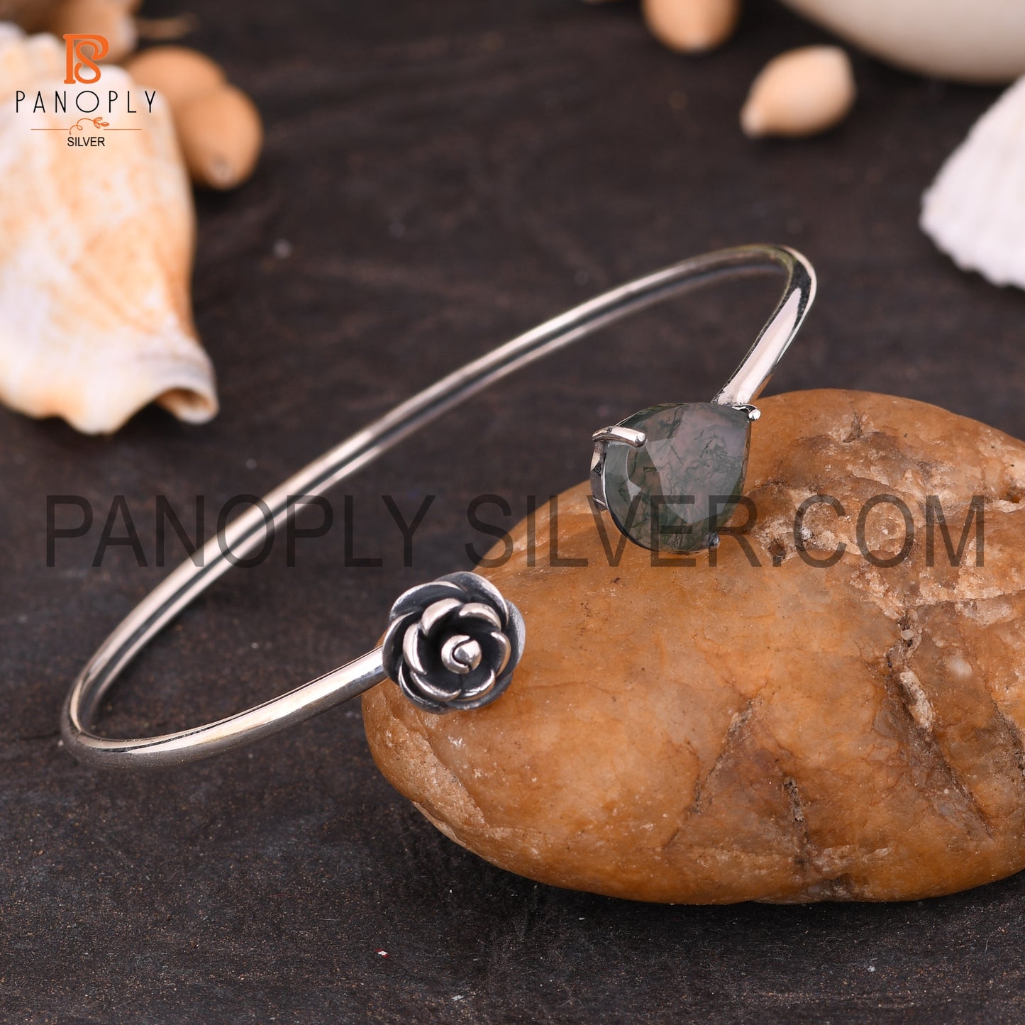 Pear & Flower Shape Natural Moss Agate Adjustable Cuff Bangle