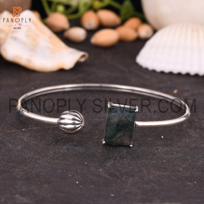 Baguette Shape Natural Moss Agate Adjustable Cuff Bangle