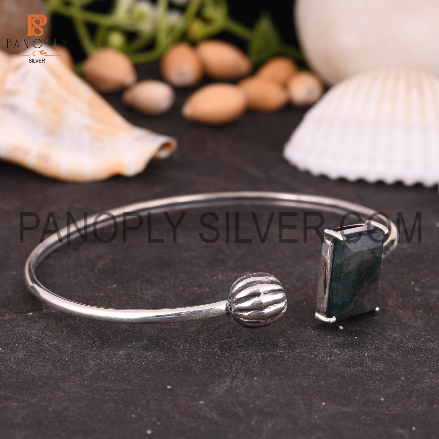 Baguette Shape Natural Moss Agate Adjustable Cuff Bangle