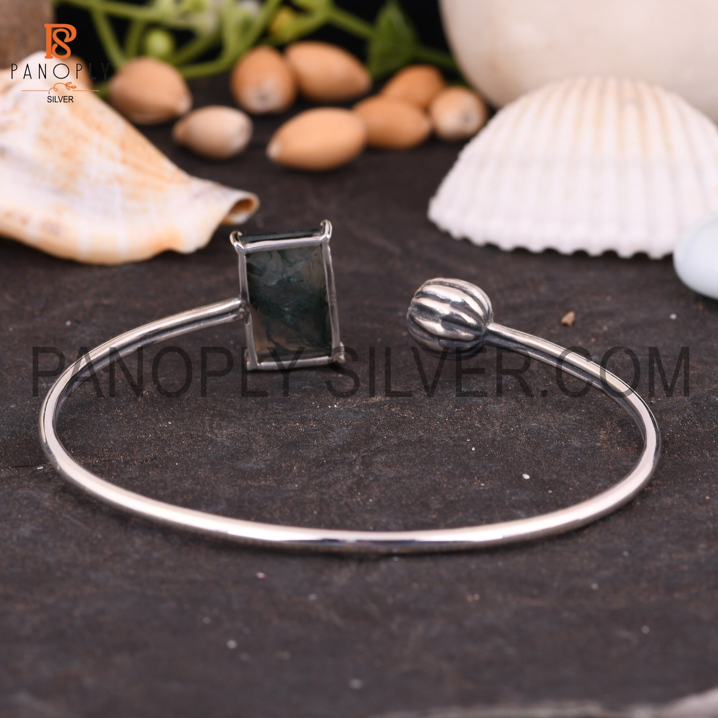 Baguette Shape Natural Moss Agate Adjustable Cuff Bangle