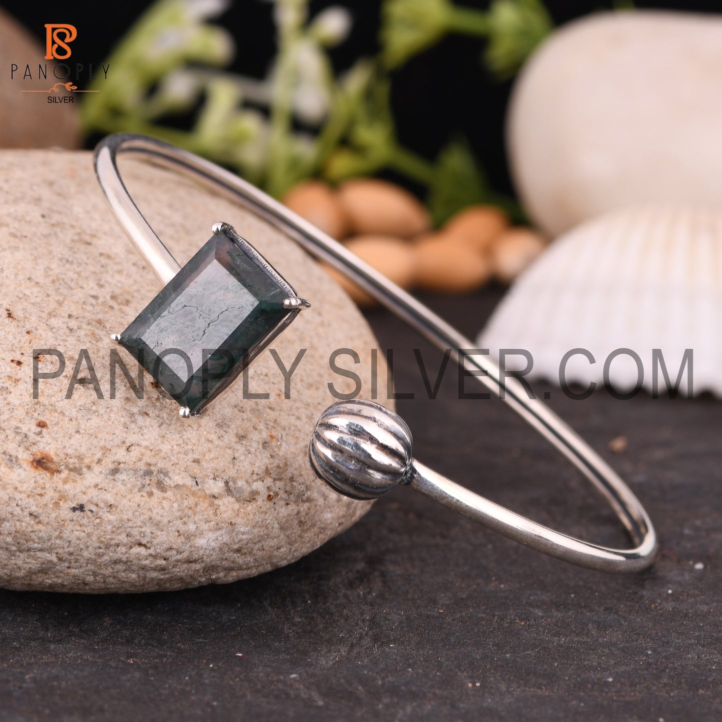 Baguette Shape Natural Moss Agate Adjustable Cuff Bangle