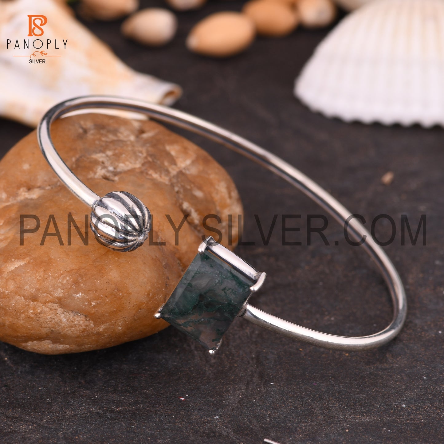 Baguette Shape Natural Moss Agate Adjustable Cuff Bangle