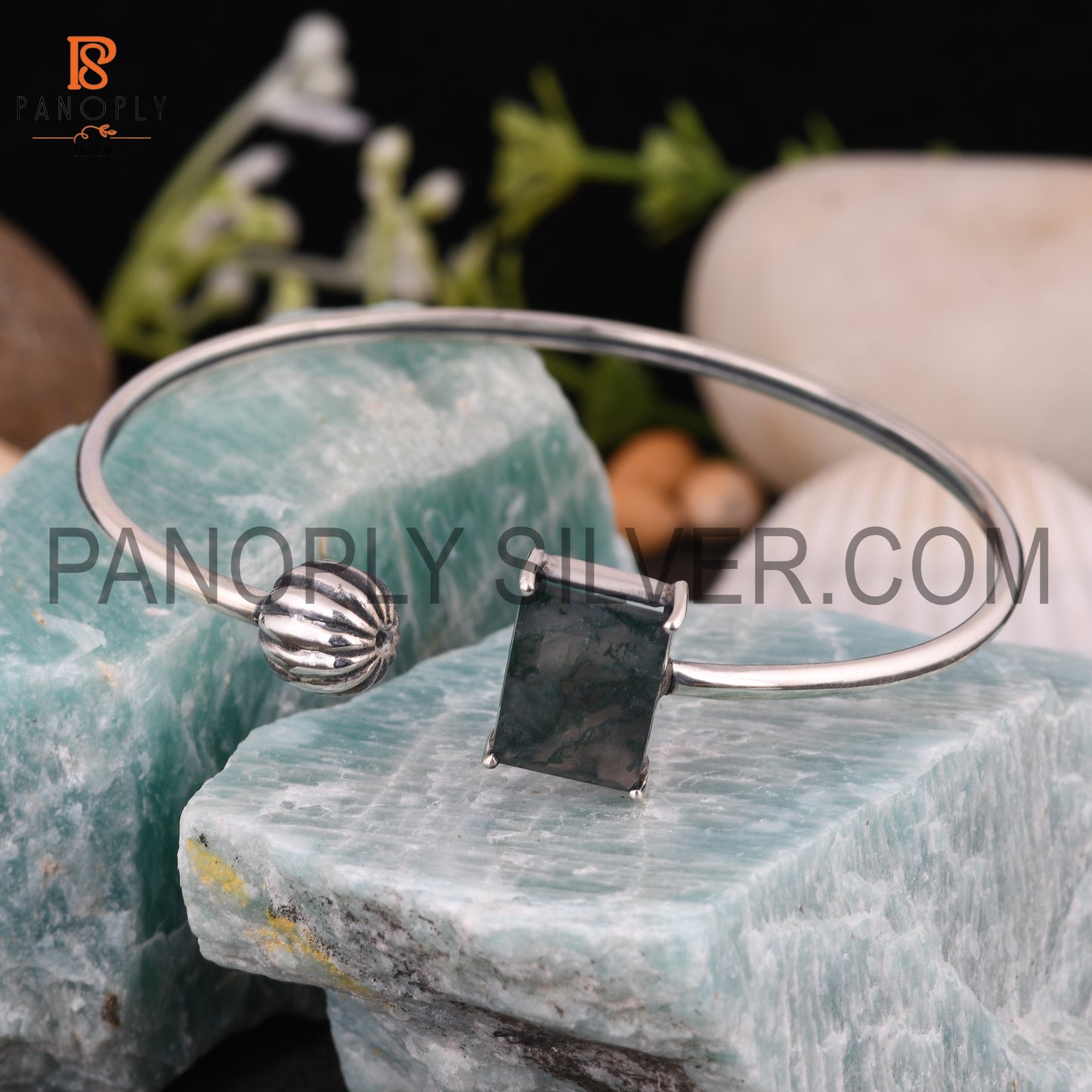 Baguette Shape Natural Moss Agate Adjustable Cuff Bangle