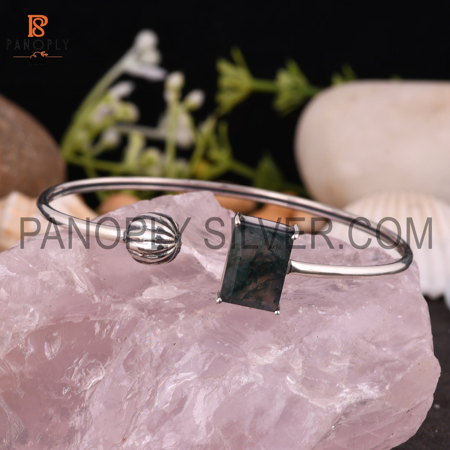 Baguette Shape Natural Moss Agate Adjustable Cuff Bangle