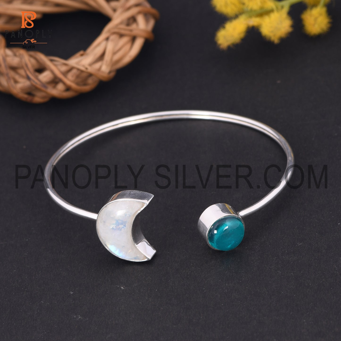 Moon & Round Shape 925 Quality Silver Rainbow Moonstone Bangle