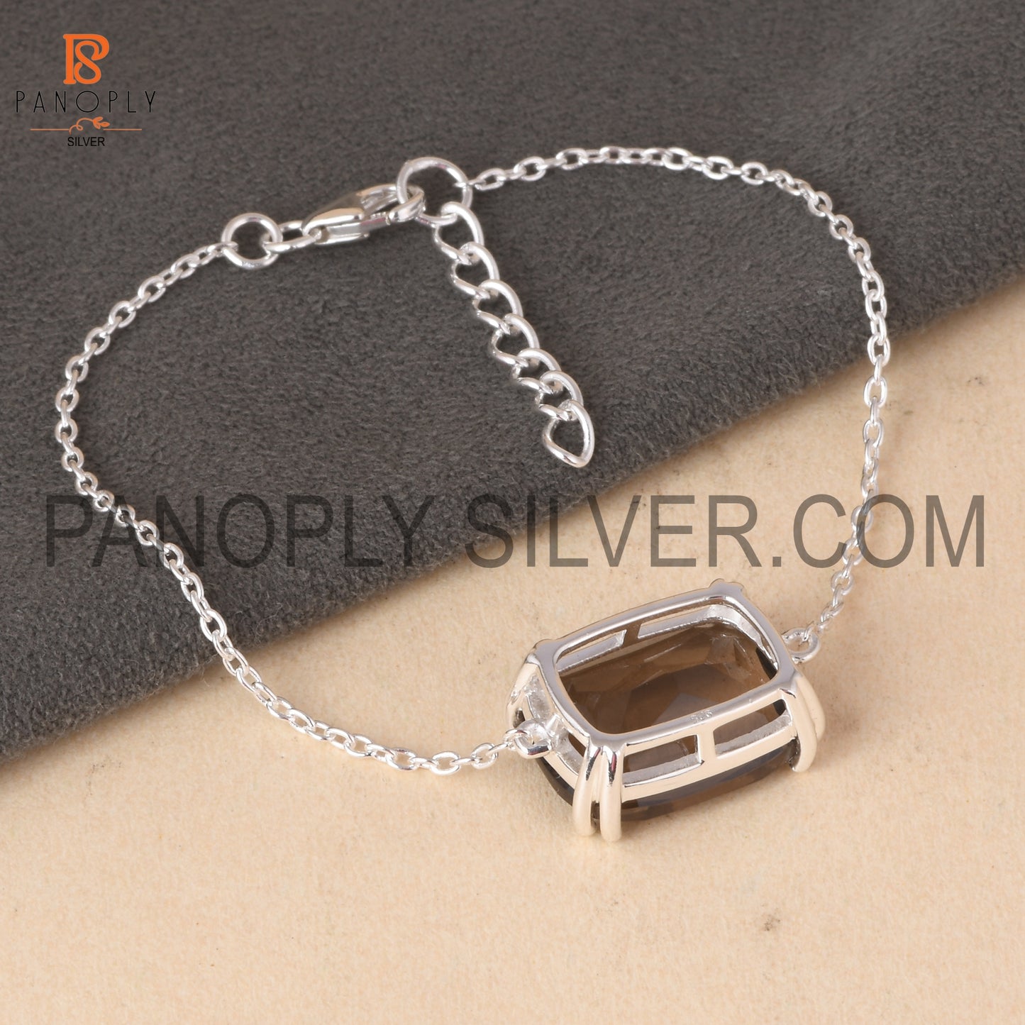 Gem Smoky 925 Silver Adjustable Chain Cushion Bracelet