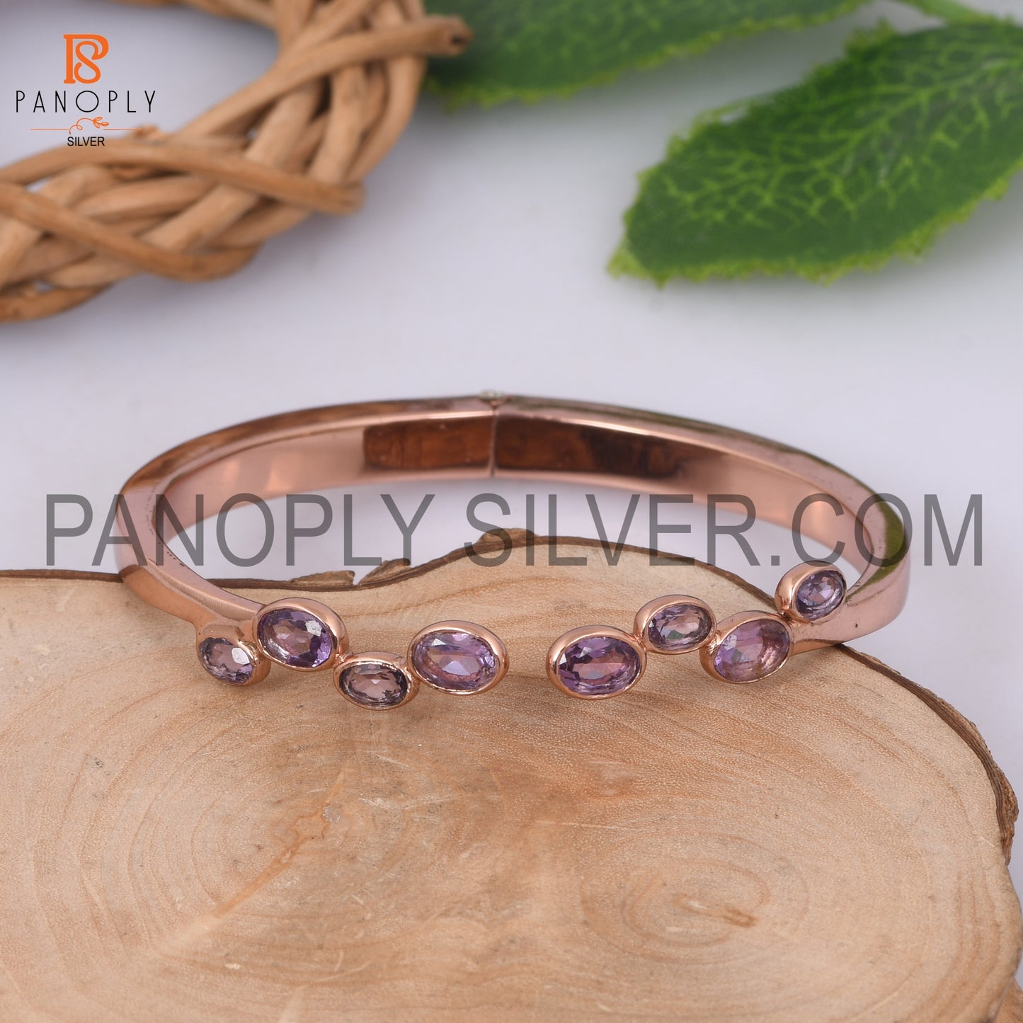 Rose Gold Plated Oval Cut Pink Amethyst Cuff Bangle
