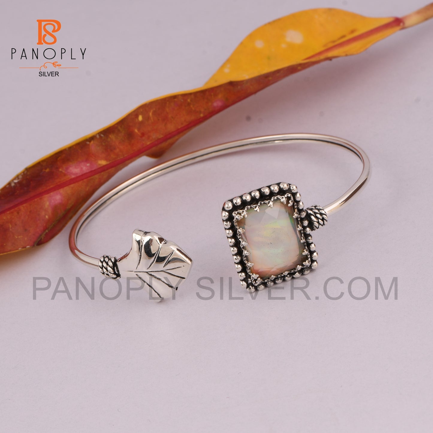 gemstone Double Aurora Opal White Cuff Bangle 925 Silver