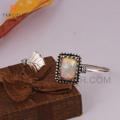 gemstone Double Aurora Opal White Cuff Bangle 925 Silver