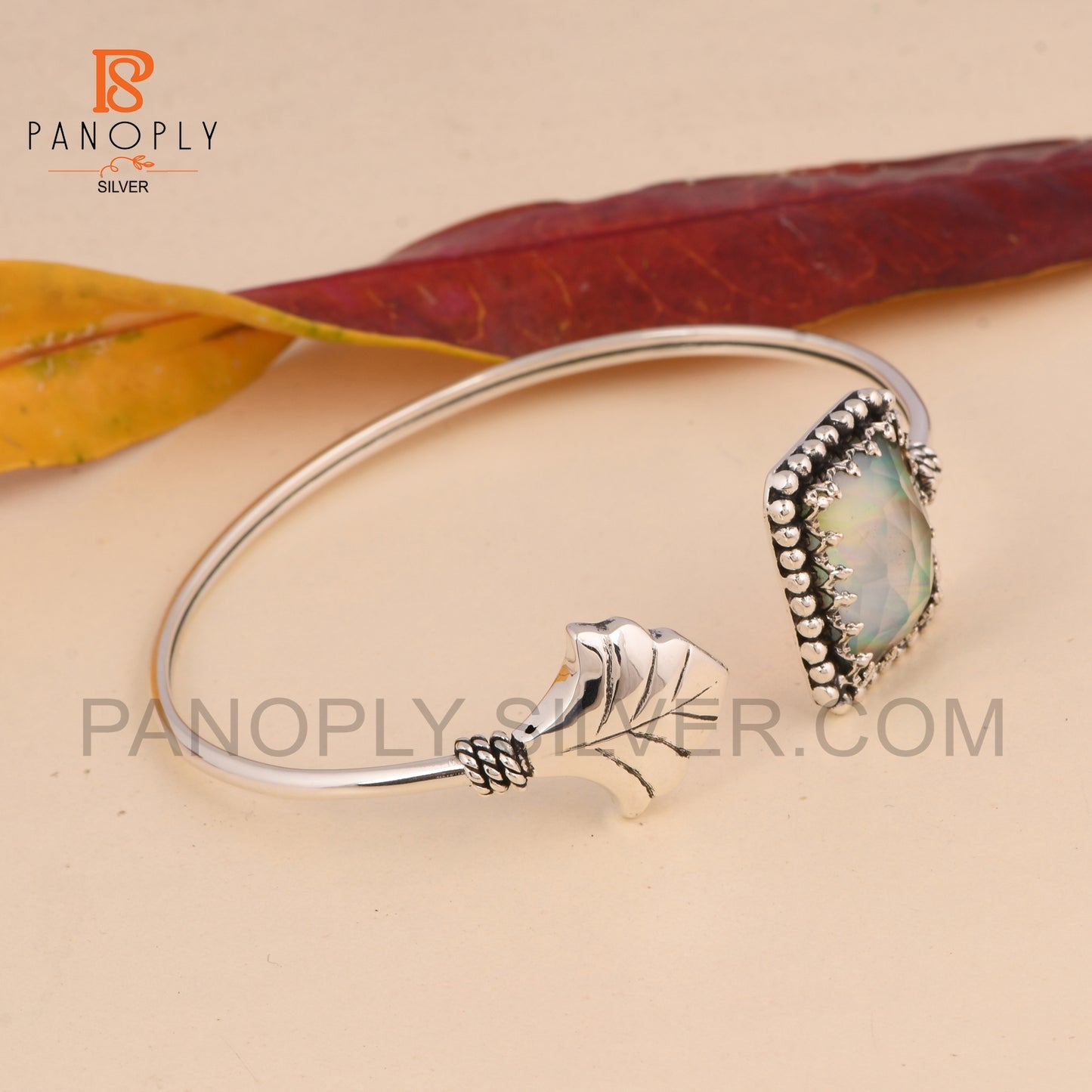 gemstone Double Aurora Opal White Cuff Bangle 925 Silver