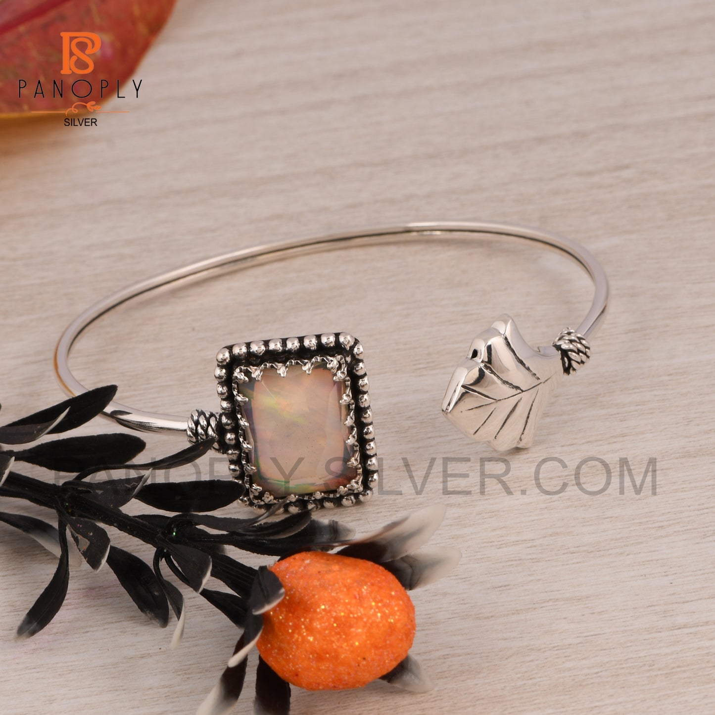 gemstone Double Aurora Opal White Cuff Bangle 925 Silver