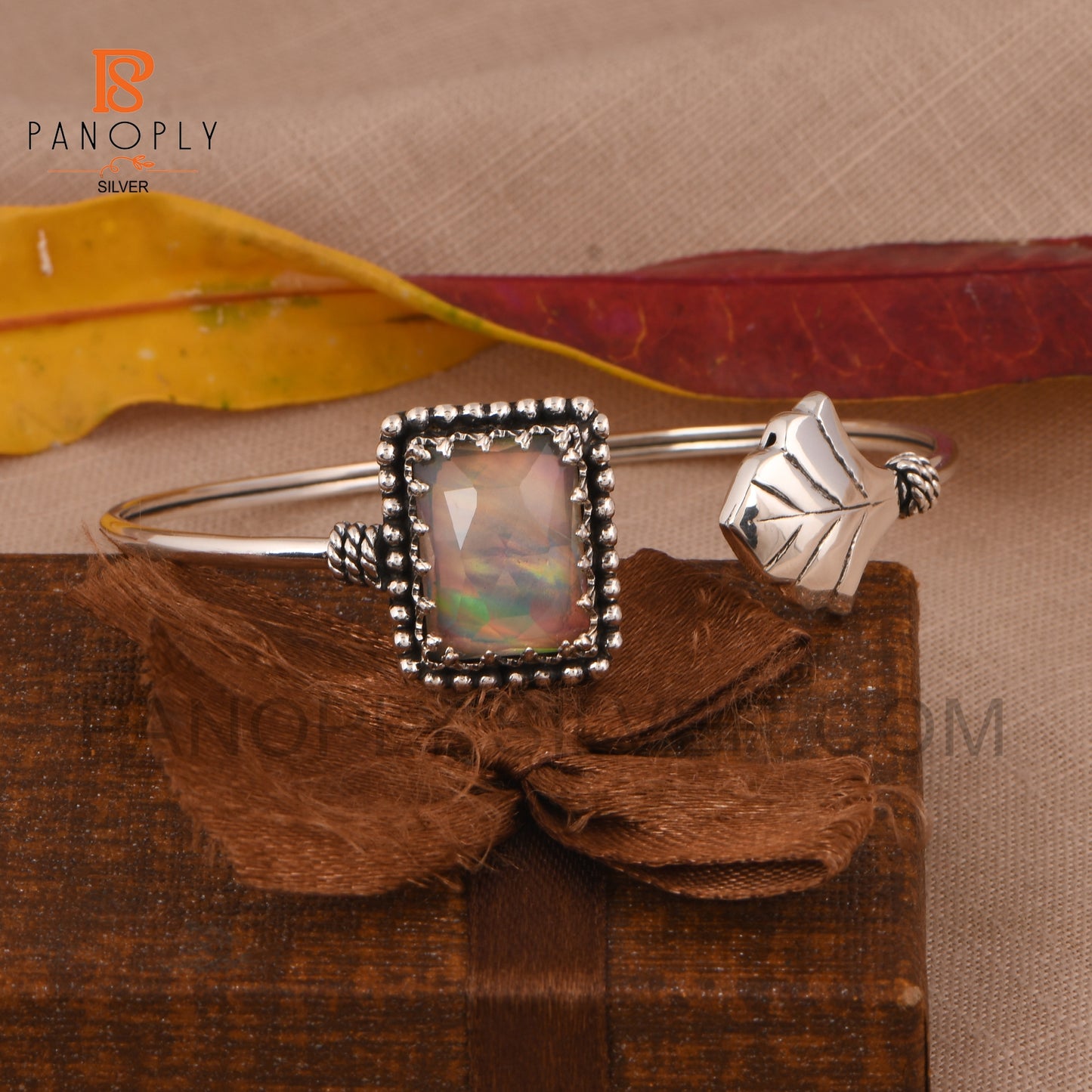 gemstone Double Aurora Opal White Cuff Bangle 925 Silver