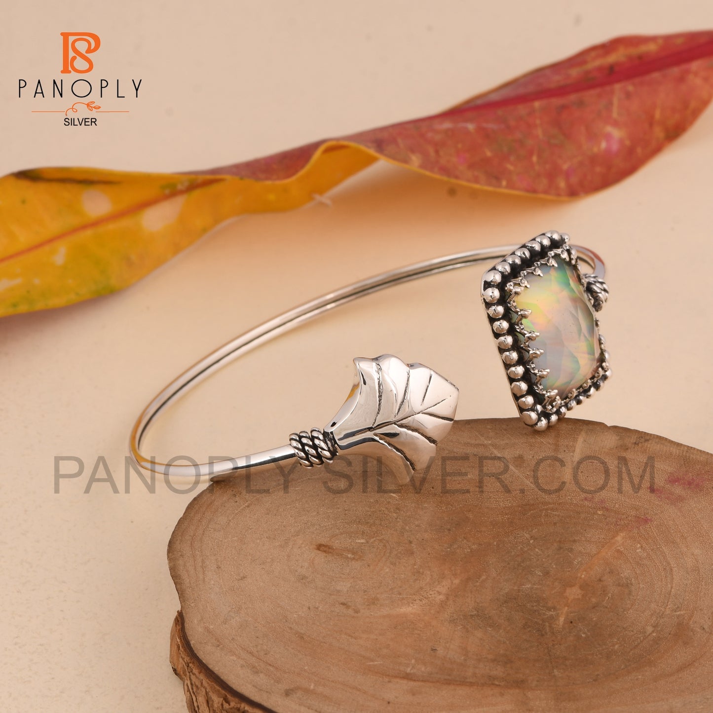 gemstone Double Aurora Opal White Cuff Bangle 925 Silver