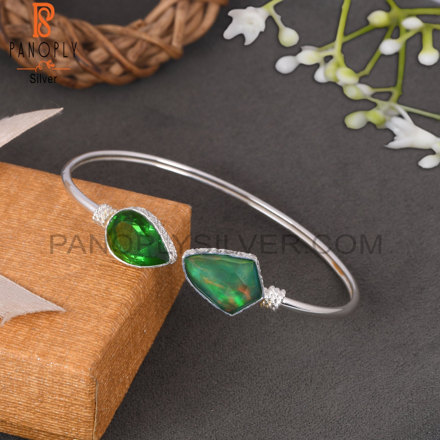 Bio Chrome Diopside Doublet Quartz, Aurora Opal Green Bangle