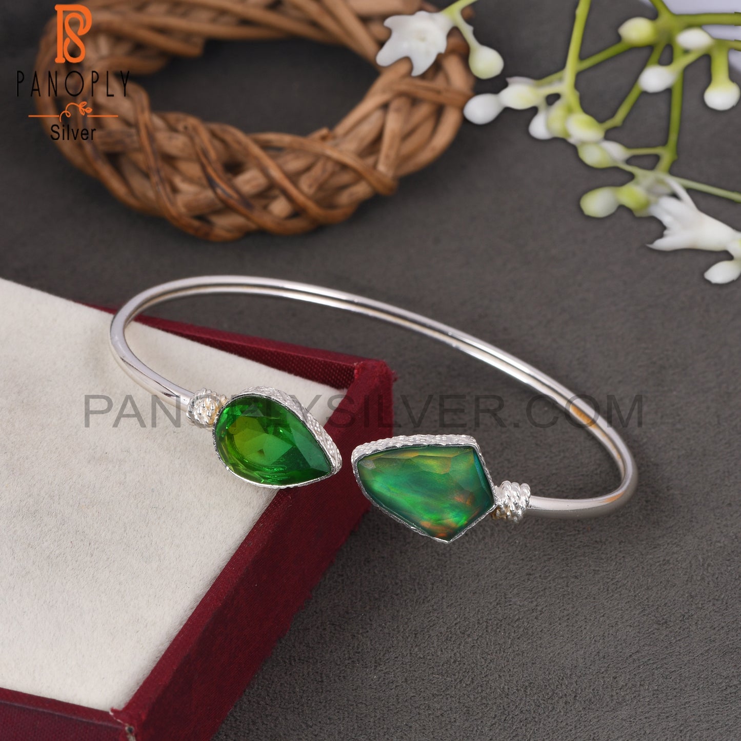 Bio Chrome Diopside Doublet Quartz, Aurora Opal Green Bangle