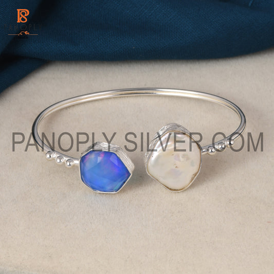 Silver Trendy Cuff With Fancy Aurora Opal Blue & Pearl Bangles