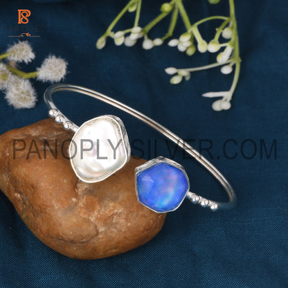 Silver Trendy Cuff With Fancy Aurora Opal Blue & Pearl Bangles