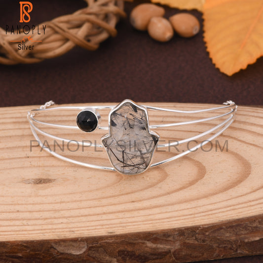 Chain Link Black Rutile And Black Onyx Hamsa Bracelet