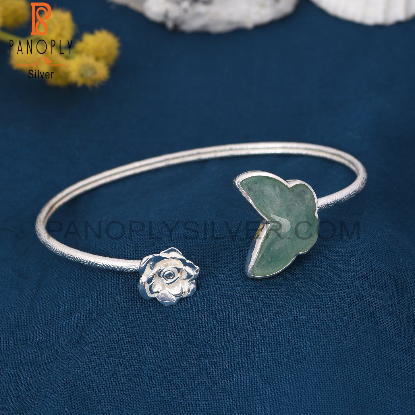 Flower Butterfly Green Strawberry Quartz Cuff Bangles